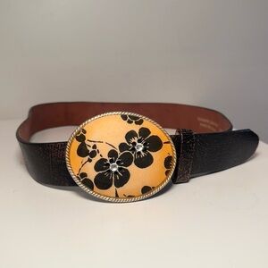 Vintage Crackled Black Leather Belt with Floral Buckle